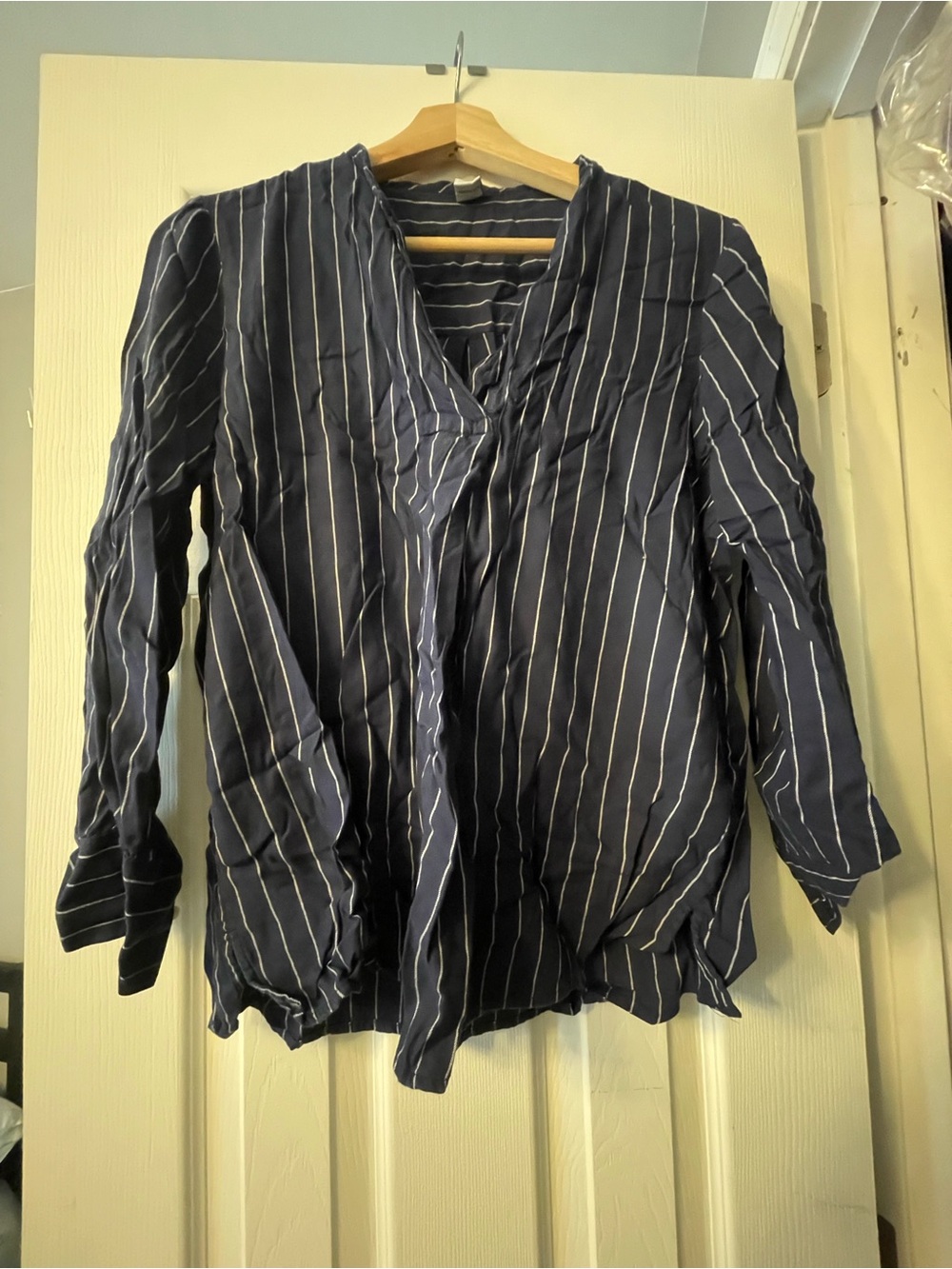 Old Navy Navy and White Vertical-Stripe Women's Blouse